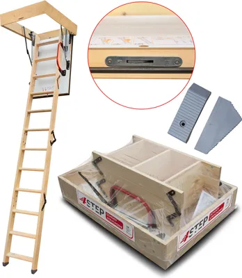 A collage of images showing a wooden attic ladder, its components, and packaging.