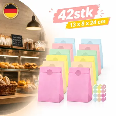 Produktbild von Geschenktüten 42 Stück Papiertüten Bunt Kraftpapierbeutel 13 x 8 x 24 cm Tüten