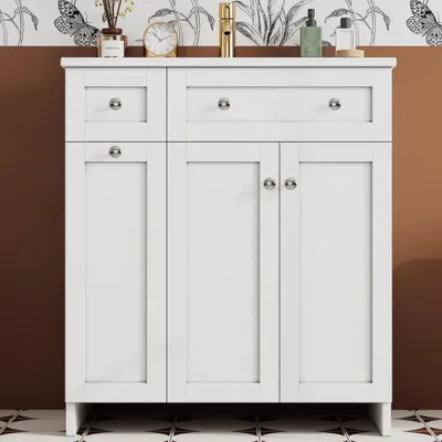 Produktbild von 76x 47 x 86 cm, freistehender Waschtisch, lackierte Oberfläche, auslaufsicheres Keramikbecken, 8-teilige Schubladen, geräuscharme Auszüge, Scharniere