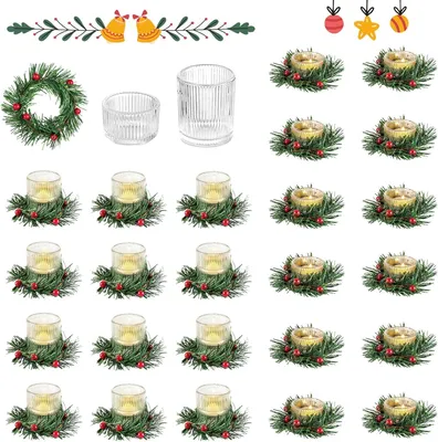 Productafbeelding van Glasseam Votief Kaarshouders Met Kerstmis Kaarsenringen: Kleine Theelicht Bulk 24, Geribbelde Glazen Met Adventskrans