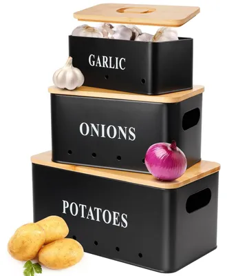 Produktbild von Kartoffellagerbox Set von 3 - Zwiebelbox - Knoblauchbox - Stapelbar - Belüftung - Frischhaltung mit Bambusdeckel - Lebensmittelaufbewahrung