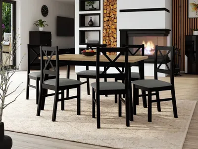Obrázek produktu pro Rozkládací jídelní stůl 140 cm s 6 židlemi ADELBITE 3 - dub artisan / černý / šedý