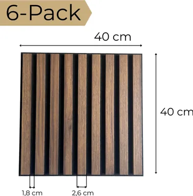 A square acoustic panel with vertical wooden slats and black backing, with dimensions indicated.