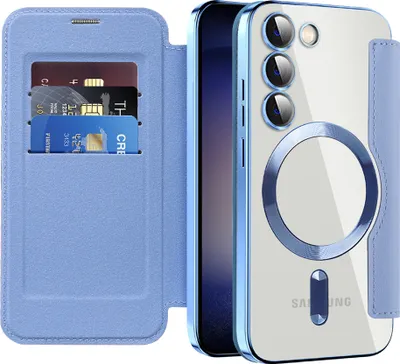 Produktbild von Klapphülle für Samsung Galaxy S23+ Kompatibel mit Magsafe, Klar Überzug Kartenhalter Ledertasche mit Kameraschutz Hellblau