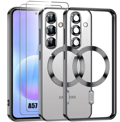 Image de Coque + 2 Verres Trempés pour Samsung Galaxy A57 5G, Protection avec Cercle Magnétique Contour Noir