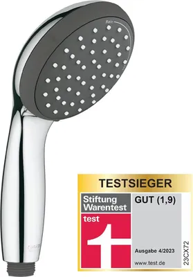 A chrome and gray hand shower with a test winner badge.