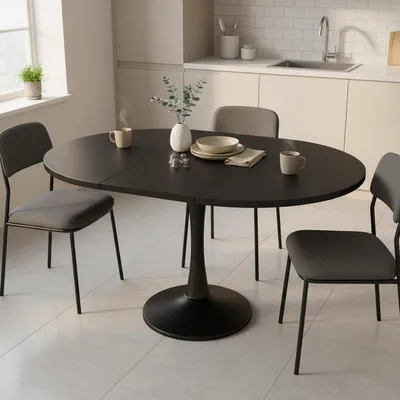 Image de Table extensible ronde, noire, dimensions 100/140 x 100 x 75 cm, pour 2 à 6 personnes