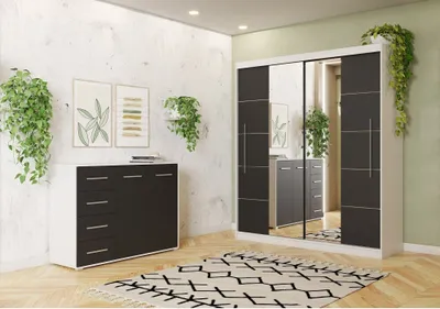Produktbild von 2er-Set Schwebetürenschrank mit zwei Spiegeln und Zierleisten  Weiß/Schwarz mit Led Beleuchtung TORINO III Kommode FRIDA 01