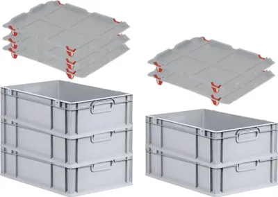 Produktbild von SuperSparSet 5x Eurobox NextGen Grip mit Auflagedeckel inkl. 4 roten Schiebeschnappverschlüssen | HxBxT 17x40x60cm | 34 Liter | Grau | Griffe geschlossen | Glatter Boden | Eurobehälter, Transportbox, Transportbehälter, Stapelbehälter