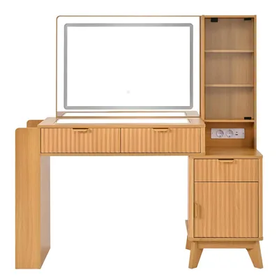 Produktbild von Merax Schminktisch mit LED Spiegel, 3 Schubladen, Glasablagen, Steckdosen USB & Type-C, Schrankfach, Frisiertisch, Schminkkommode, Natur