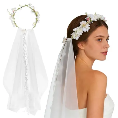Produktbild von Brautschleier mit Blumenkranz - Haarschmuck für Hochzeitsfrisuren - Weiß