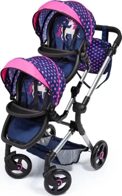 Productafbeelding van Bayer Design 26254AA Poppenwagen Twin, poppenwagen, met verstelbare hoogte, inklapbaar, geïntegreerde boodschappentas, compatibel met EasyGo, blauw met eenhoorn- en hartmotief, 46 cm