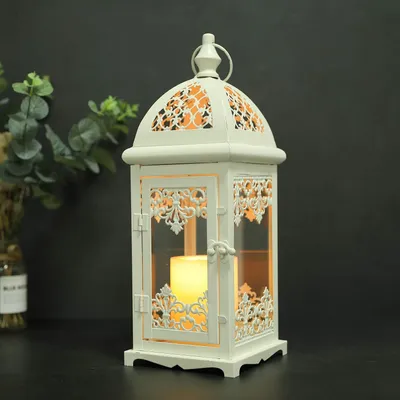 Obrázok produktu pre Dizajn: Dekoratívna svietniková lampa, výška 38 cm, kovová. Vintage štýl, vhodná na zavesenie, pre vnútorné aj vonkajšie použitie, na udalosti