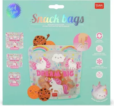 The image shows the packaging of a set of three reusable snack bags with a unicorn and rainbow theme.