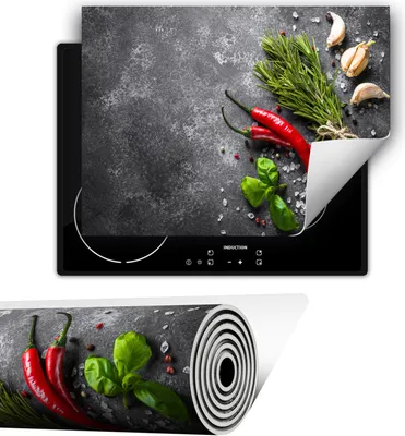 Immagine prodotto di Piastra copri fornelli Piastra copri piano cottura in Vetroceramica 80x52 cm Tappetino antiscivolo Roll-up, spezie Peperoncino ardesia