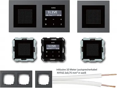Produktbild von GIRA Unterputz UP RDS Radio 228405 Komplett-Set schwarz glas mit 2 x Lautsprecher in 1+2 fach Rahmen anthrazit (E2) + 10 Meter Lautsprecherkabel 2x0,75 mm² weiß 100% OFC