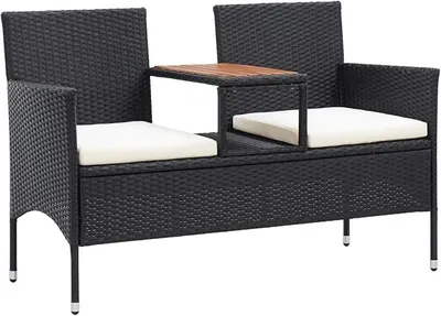 Produktbild von Holzbank Sitzbank Gartenbankpark für 2-3 Sitzer,Balkonbank Parkbank Flurbank Terrassenbank für Terrasse,Balkon,Garten mit Teetisch 143 cm Poly Rattan Schwarz