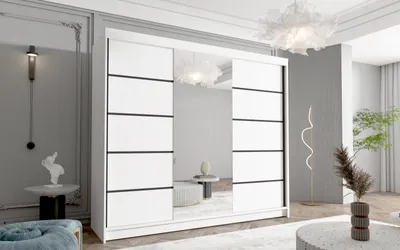 Produktbild von Schwebetürenschrank Netro VI 250 cm mit Spiegel - Groß Kleiderschrank, Schiebetürenschrank mit Kleiderstange und Einlegeboden, Schlafzimmerschrank, Schiebetüren, 250x215x58 cm (Weiß)