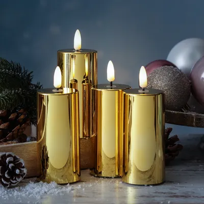 Produktbild von LED Kerzenset - Kunststoff - Timer - H: 12,5cm - D: 5cm - gold glänzend - 4er Set