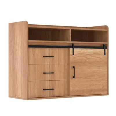 Image de HOMAVO HG1-S Sideboard 107 cm - Buffet de salon moderne avec 3 tiroirs, 1 porte coulissante & 2 compartiments ouverts, bois