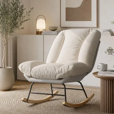 Productafbeelding van INONEFT Moderne schommelstoel, loungestoel met verstelbare rugleuning en zitkussen, geschikt voor slaapkamer en woonkamer, linnen, beige + grijs