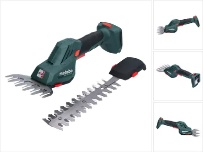 A cordless shrub and grass shear with two interchangeable blades, presented on a white background. The main image shows the tool with the grass shear attachment and the hedge trimmer attachment laid out separately. Smaller inset images show the tool from d