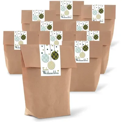Produktbild von Braune Tüten mit Boden 14 x 22 x 5,6 cm + Weihnachtsbanderolen "Frohe Weihnachten" 10 Stück50 Stück