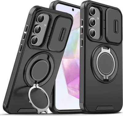 Immagine prodotto di Custodia a doppio strato per Samsung Galaxy A26, con copertura scorrevole della fotocamera e supporto magnetico ad anello Nero