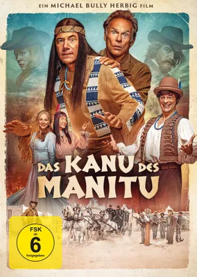 Movie poster for 'Das Kanu des Manitu' featuring actors in costume, with a scene of a horse-drawn carriage and people in the background.