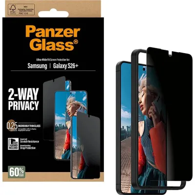Produktbild von PanzerGlass ® 2-Way Privacy Displayschutz Samsung Galaxy S26+ | Ultra-Wide Fit m. EasyAligner, Samsung, Samsung - Galaxy S26+, Trockene Anwendung, Kratzresistent, Schockresistent, Transparent, 1 Stück(e)