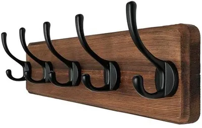 Image de Crochets muraux en bois, 5 crochets, noir naturel