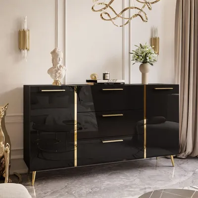 Produktbild von Kommode mit Schubladen ONYX auf goldenen Beinen Hochglanz 158 cm Schwarz Schwarz Hochglanz mit Griffen