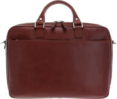 A brown leather briefcase is shown against a white background.