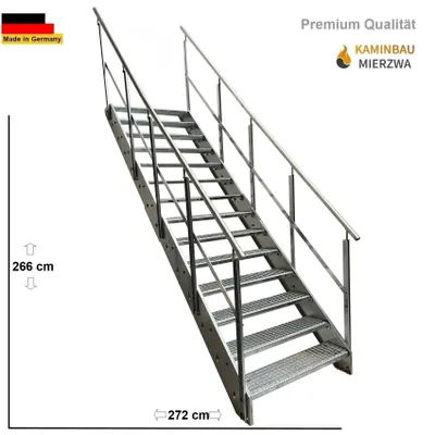 Zdjęcie produktu dla Stalowa krata podłużnicowa do schodów 14 stopni poręcz po obu stronach - ocynkowana - (szer. x wys. x gł.) 100 x 266 x 272 cm