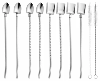2-in-1 Edelstahl-Trinklöffel-Set, 8 Stück mit 2 Reinigungsbürsten