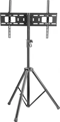 A black metal TV stand with a tripod base and adjustable height.