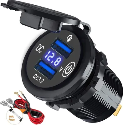 Produktbild von 12V USB-Autolader 2 Ports QC3.0 Einbau mit Voltmeter & Schalter, Blau