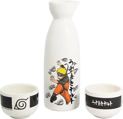 A white sake set with Naruto characters and Japanese writing.