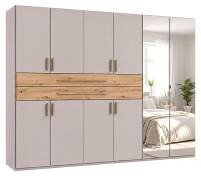 Produktbild von Drehtürenschrank Kleiderschrank 270 cm Beige Grau Schubladen Spiegel Eiche Artisan / 22648