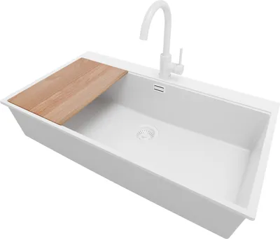 Produktbild von PRIMAGRAN Granitspüle Alles Weiß 88x50cm, Spülbecken 1 Becken + Küchenarmatur 32x20cm + Ablauf-Set + Schneidebrett, Küchenspüle ab 90er Unterschrank - Oslo