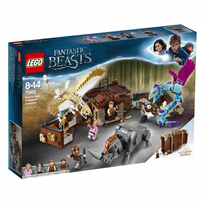 The image shows the LEGO Fantastic Beasts Newt's Case of Magical Creatures set packaging, with the set contents displayed.