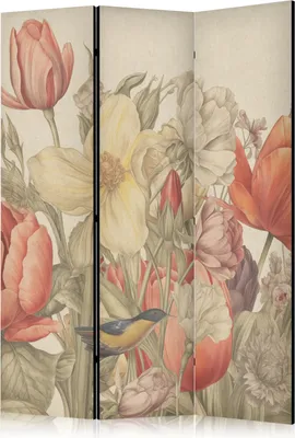 Produktbild von 3-teiliger Doppelseitiger Vlies Paravent - Bouquet with Tulips - Colorful Flowers on a Light Background - Illustration 135x172 cm Blumen b-H-10034-z-a
