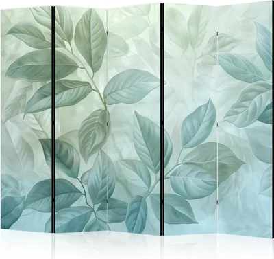 Produktbild von 5-teiliger Doppelseitiger Vlies Paravent - Large Leaves in Green-Mint Shades - Botanical Motif 225x172 cm b-H-10013-z-b