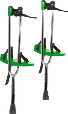 A pair of green and silver stilts against a white background.