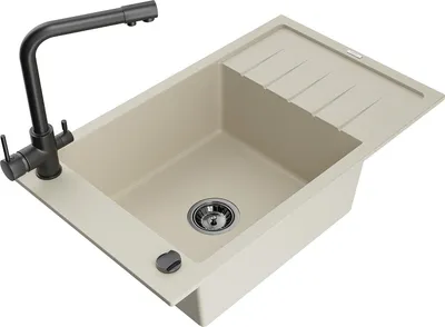 Produktbild von Mexen Elias Granitspüle 1-Becken mit Abtropffläche und Küchenarmatur Duero, beige - 6511-69-671600-70