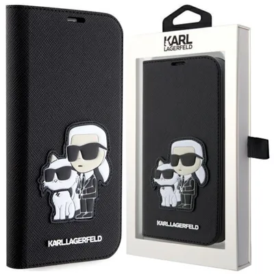 A black Karl Lagerfeld phone case with a Karl and Choupette design, shown in its packaging.