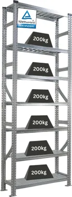 Produktbild von Fachbodenregal PROXIMO mit  Stecksystem | Grundregal | HxBxT 250x90x32cm | 7 Ebenen | Beidseitig nutzbar | Verzinkt