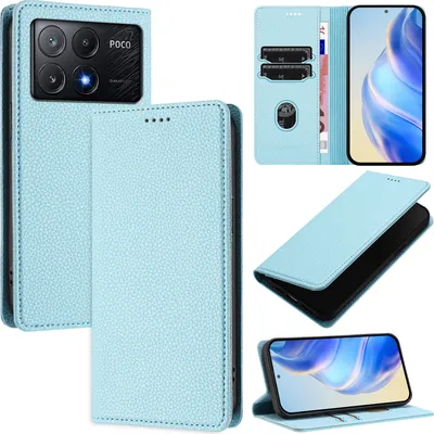 Produktbild von Litchi Leder Handyhülle für Xiaomi Poco X6 Pro/Redmi K70E Wallet Kartenfächer Standfunktion Hülle Hellblau