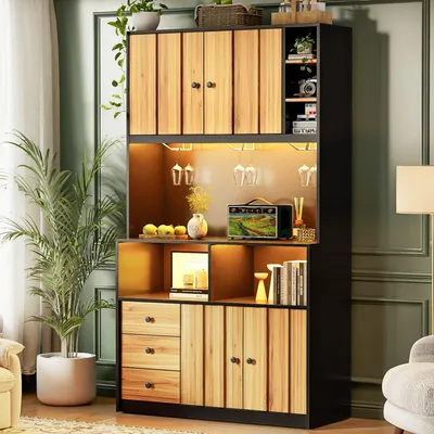 Obrázek produktu pro Vysoká skříň, 180 cm, s LED osvětlením, zásuvkou, policí na víno a vitrínou, vhodná do kuchyně/jídelny.