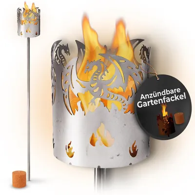Produktbild von Gartenfackel für draußen Motiv Drache - Rost - Set: Gartenbeleuchtung mit 1x Brennelement - Holzspäne mit Wachs - Schwedenfackel Pelletfackel Feuersäule Flammschalen Wachsfackel Gartenleuchte